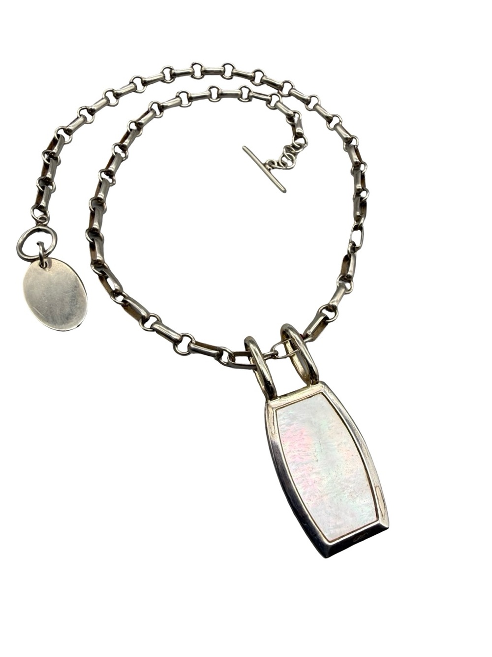 Sterling Silver Mother of Pearl Pendant Necklace - Large Rolo Chain